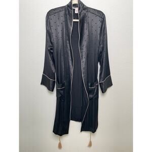 Victoria’s Secret Black Satin Robe Polka Dot Trim Tassel Belt Sleepwear M